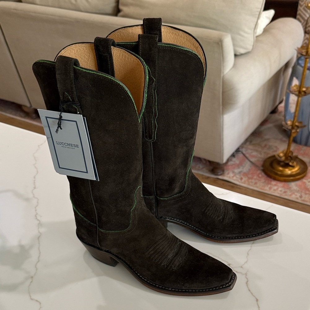 Lucchese Tan Leather Boots with Green Trim